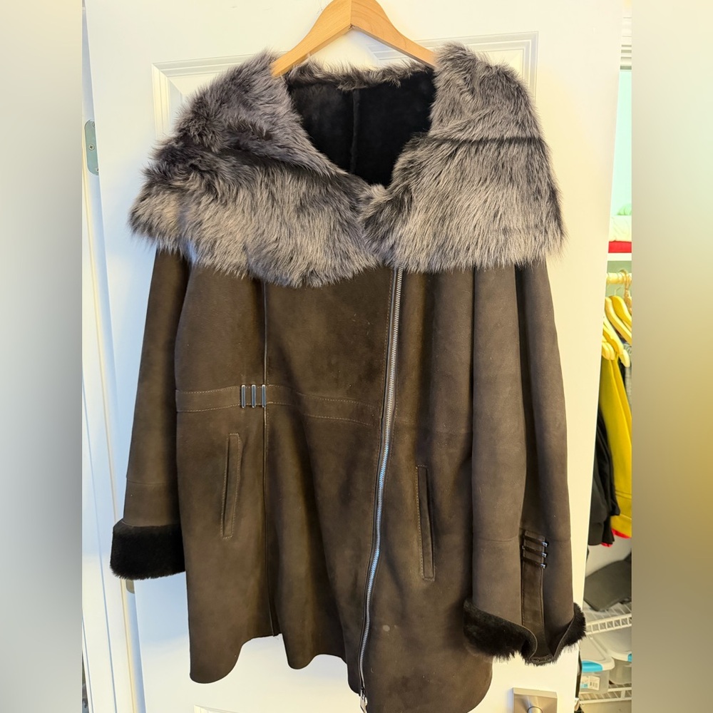 Women's Brown Faux Fur Real Suede Coat